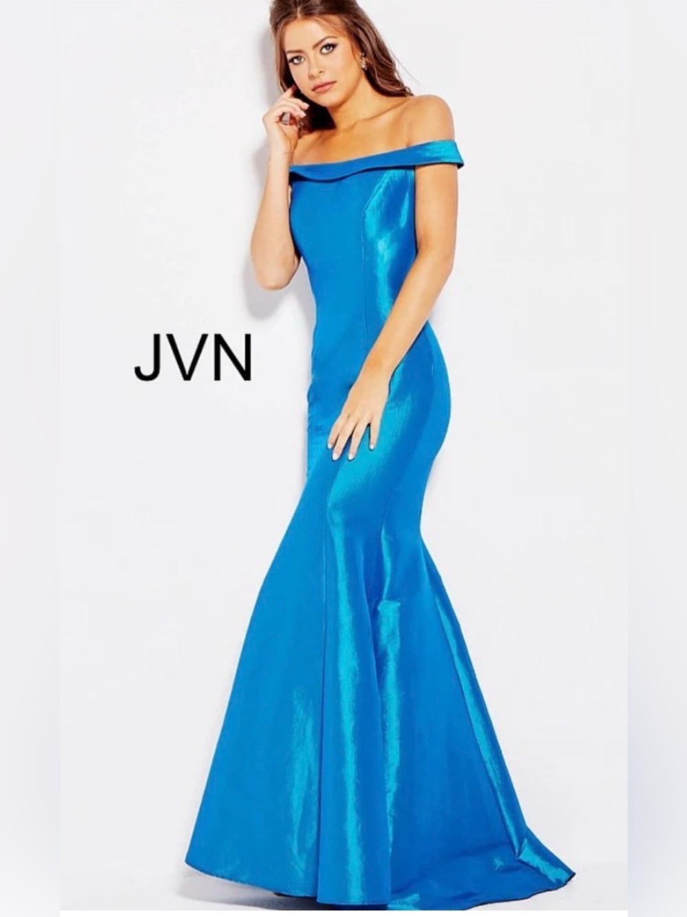 JVN Off-Shoulder Mermaid Gown in Bright Blue